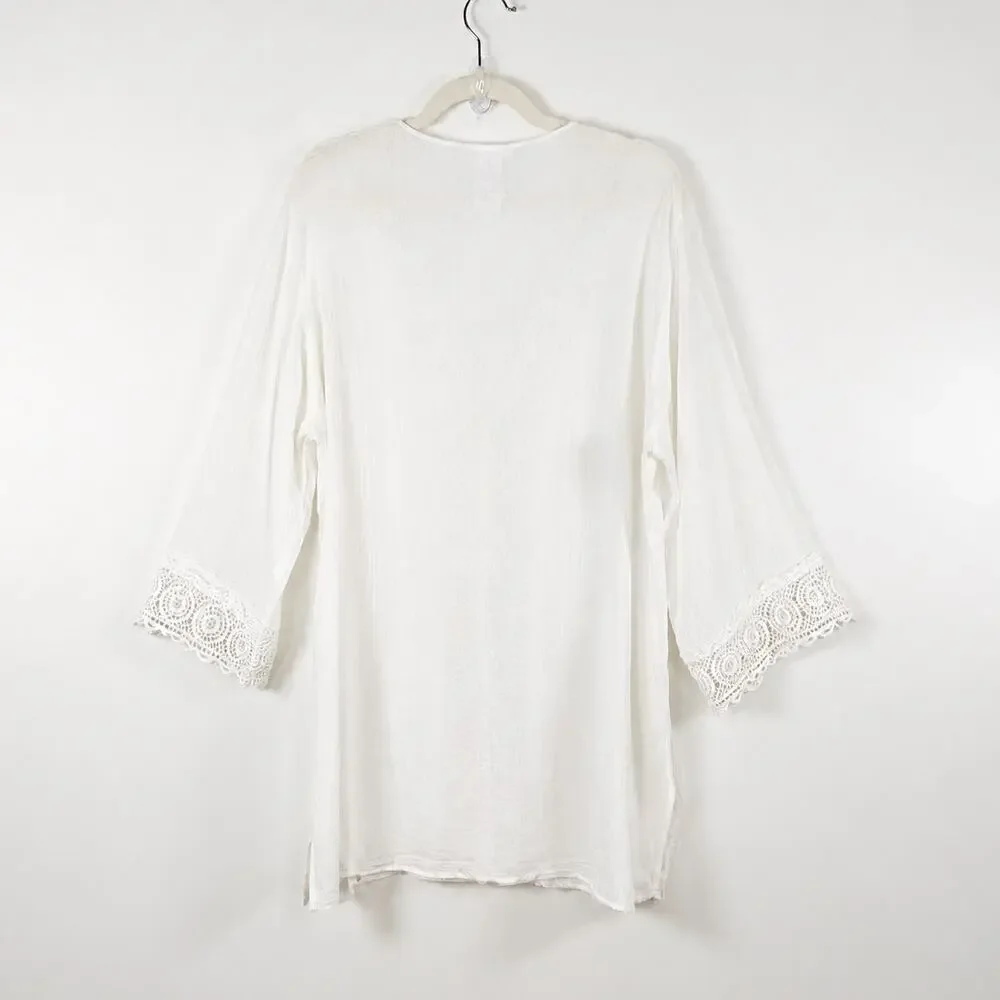 La Blanca Sheer Cotton Gauze Swim Cover‎ Up Dress Crochet White L Beach Boho